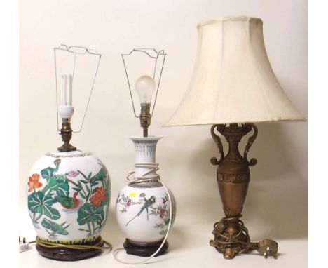 Two modern oriental style lamp base and resin base, all with shades. Condition report: see terms and conditions