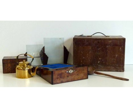 Moore & Wright tool chest, pair of oak Art Deco picture frames, brass kettle, walnut writing slope and a tea caddy. Condition