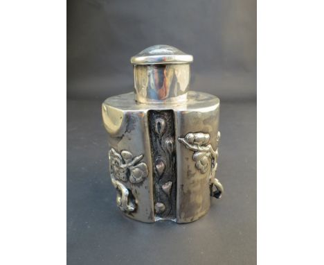 A Wong Hing Chinese Export silver tea caddy, floral raised design, stamped with character mark, 354g