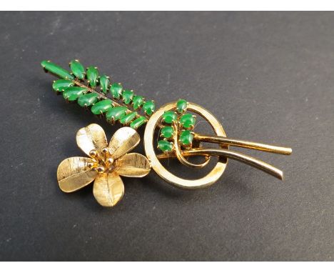 A 20th Century 14k gold floral brooch set with imperial jade