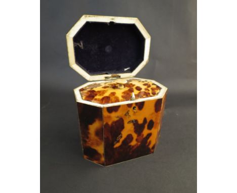 A 19th Century octagonal tortoiseshell tea caddy, 10cm x 10cm x 7cm
