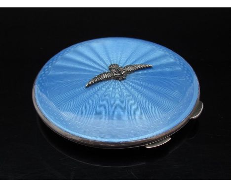 A John William Barret silver and guilloche compact with RAF insignia to top, 7.5cm diameter, slight deterioration to mirror