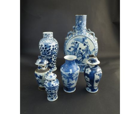 An 18th Century blue and white Chinese moon flask, character marks to base a/f, and various vases (mostly damaged) (6)