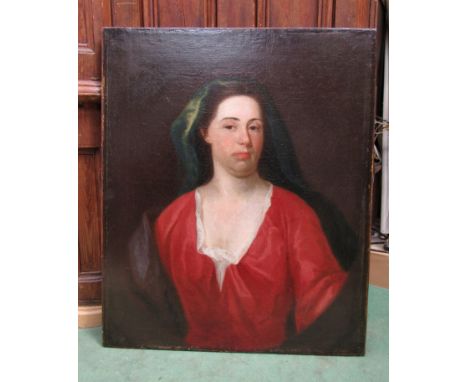 An early 18th Century portrait of Lady in red "Rebecca Cosh", oil on canvas, unframed, 73cm x 63cm
