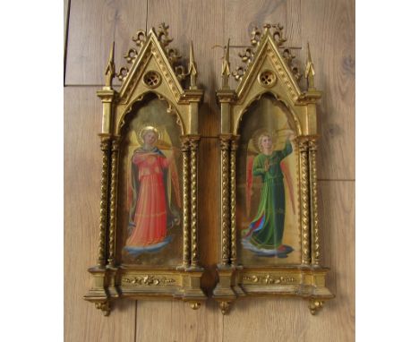 After Fra Angelico (1387-1455) Two 19th Century Triumphant angels playing violin and horn, oil on gilt engraved board, in orn