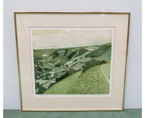 John Brunsdon (1933-2014) "Llansannan" limited edition coloured print 131/150, 41cm x 46cm