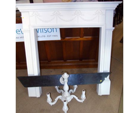 White painted Adam style fire surround and white/gilt painted five branch centre light. Condition reports are not available f