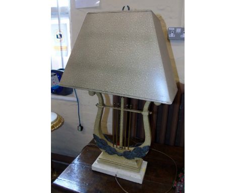 Modern lyre shaped table lamp complete with shade. Condition reports are not available for Interiors sales.