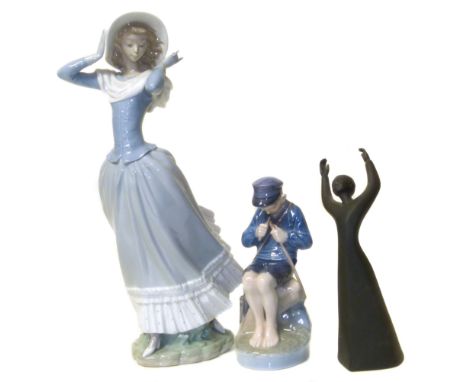 Large Lladro figure of a lady, Royal Copenhagen figure of a boy, Royal Doulton black basalt awakening Condition reports are n