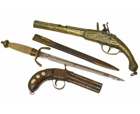 Flintlock pistol, hand made replica pepper pot pistol and dagger. Condition reports are not available for Interiors sales.
