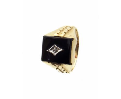 A 14ct gold onyx and diamond signet ring, the brilliant cut diamond inset to the rectangular onyx panel with embossed geometr