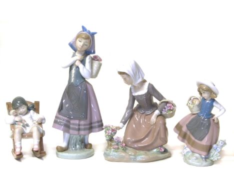 Three Lladro figures of girls picking flowers and one other of a child asleep in a rocking chair Condition reports are not av
