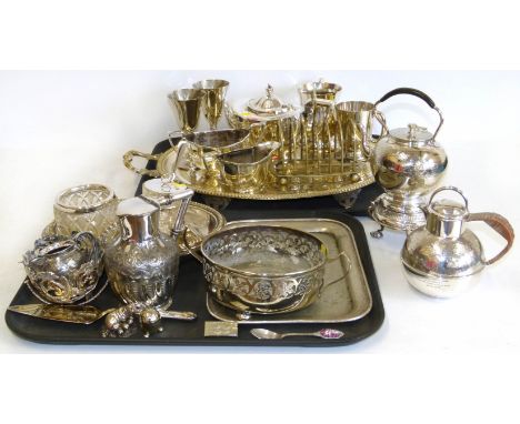 A selection of EPNS and plated ware to include a plated Channel ring, three piece tea set, toast rack, goblets etc (q). Condi