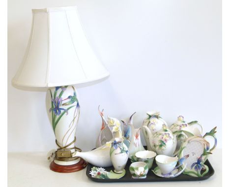 Franz porcelain hummingbird table lamp complete with shade, three Franz tea pots, picture frame, cups, saucers and various va