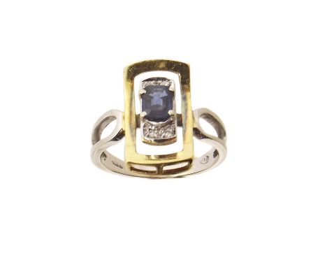 A sapphire doublet and diamond dress ring, of bi-colour design, the rectangular shape sapphire doublet with single cut diamon