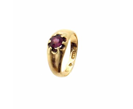 A late Victorian 15ct gold and ruby ring, the circular shape ruby inset to the tapered band, hallmarks for Chester, 1883, rin