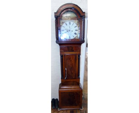 19th century mahogany 8-day longcase clock with painted dial depicting shooting scene by Dale, Llanelli. Condition reports ar