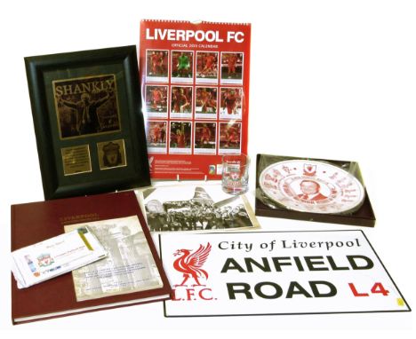 Quantity of Liverpool F.C. memorabilia to include Shankly framed legend picture, whisky glass, Liverpool History Book 1906 (p