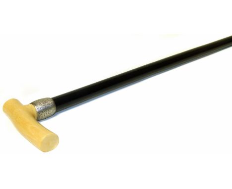 Victorian embonised walking stick with Birmingham silver band inscribed "Presented to T. Hardgreaves Esq, by a few friends at