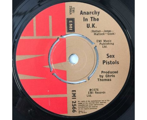 SEX PISTOLS - ANARCHY IN THE UK 7" (CHRIS THOMAS MISCREDIT - EMI 2566). A beautiful copy of the scarce miscredited 7" of Anar