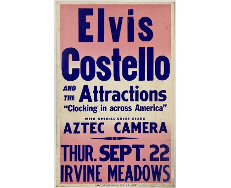 A window card/poster (14 x 22") on card stock, advertising Elvis Costello / Aztec Camera at Irivine Meadows, California in Se