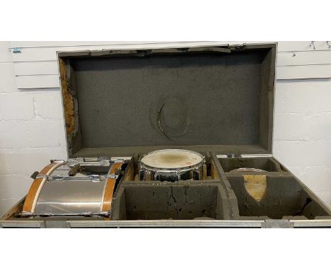 A large flight case on casters containing a Yamaha snare, bass drum, floor tom, mid tom, nine cymbals / hi-hats.Originally us