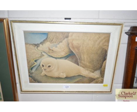 A coloured print after Billy Waters, depicting a seal pup