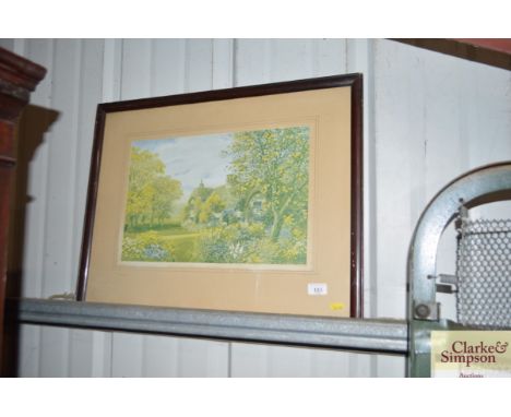A coloured print after James Matthews depicting a thatched cottage 