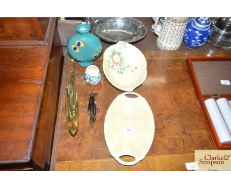 A Crown Devon serving dish, a Carlton ware leaf dish, a pottery moon flask decorated with peacock feathers, two coloured glas