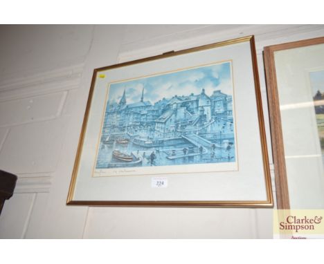 A French pencil signed print depicting a harbour scene 