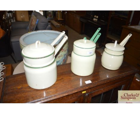 Three vintage enamel saucepans 