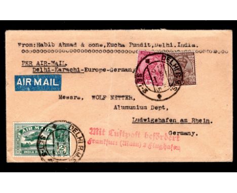 India 1930 Flown  commercial cover from Delhi to Germany,the  addressee an  Aluminium plant, Ludwigshafen  am Rhein bearing 2