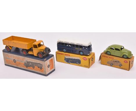 3 Dinky Toys. Volkswagen (181). In green with green wheels. B.O.A.C Coach (283). In blue &amp; white, with light blue wheels.
