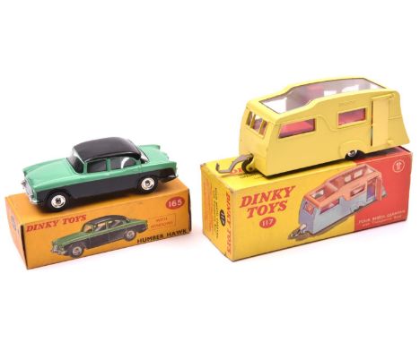 2 Dinky Toys. A Humber Hawk (165). An example with black roof and lower body, with mid green upper body, spun wheels and blac