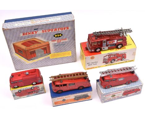 5 Dinky Fire Related Toys. A Supertoys Fire Station Kit (954), appears to be complete. Airport Fire Tender with Flashing Ligh