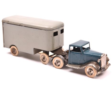 A rare Tri-ang Minic tinplate clockwork Articulated Pantechnicon No.30M. A 1930's example with mid blue normal control cab, w