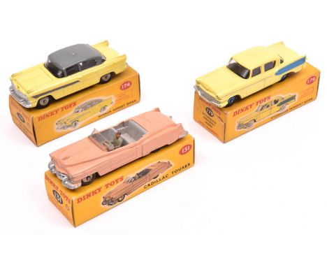 3 Dinky Toys American Cars. Cadillac Tourer (131) in salmon pink with light grey interior and cream wheels, black tyres, comp