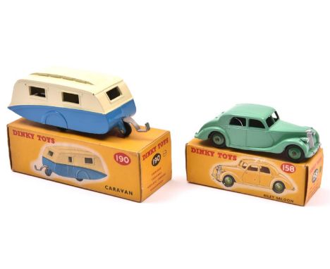 2 Dinky Toys. Riley Saloon (158) in light green with mid green wheels and black tyres. Plus a Caravan (190) in cream and mid 