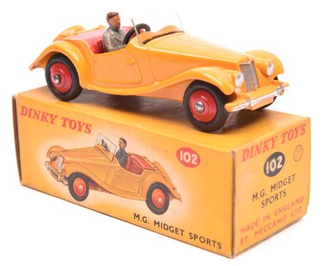 Dinky Toys M.G. Midget Sports (102). A scarce example in deep yellow with bright red interior and bright red wheels, with bla