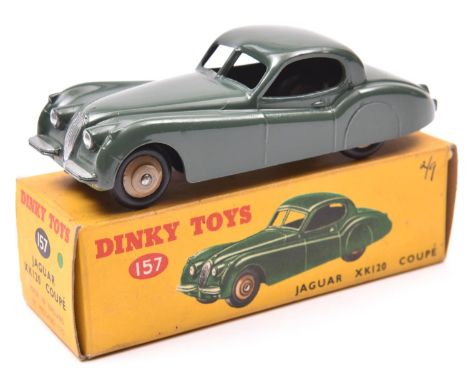 Dinky Toys Jaguar XK120 Coupe (157). Example in dark sage green with fawn wheels and black tyres. Boxed, minor wear/light mar