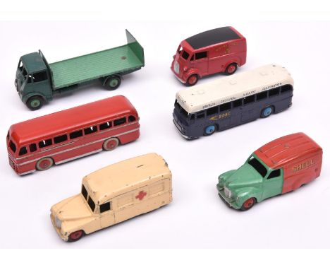 6 Dinky Toys. Morris Royal Mail Van, BOAC Coach. Austin A40 van, Shell/BP. Daimler Ambulance, Leyland Royal Tiger, repainted.