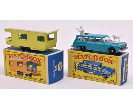 2 Matchbox Series. No.42 Studebaker Station Wagon in turquoise blue with white interior, light blue rear sliding roof panel, 