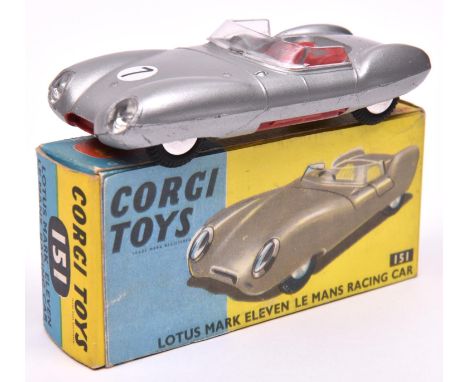 Corgi Toys Lotus Mark Eleven Le Mans Racing Car (151). A scarce example in satin silver with red seats, RN7 to front (normall