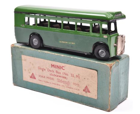 Tri-ang Minic tinplate clockwork  Single Deck Bus No.52M. In two tone green 'Green Line' livery, with cast wheels and thick r