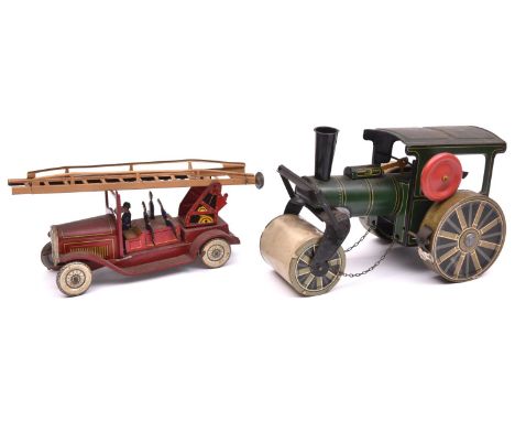 2x Tipp &amp; Co. Germany tinplate clockwork vehicles. A Fire Engine in red with extending ladder and four firemen. Tyres mar