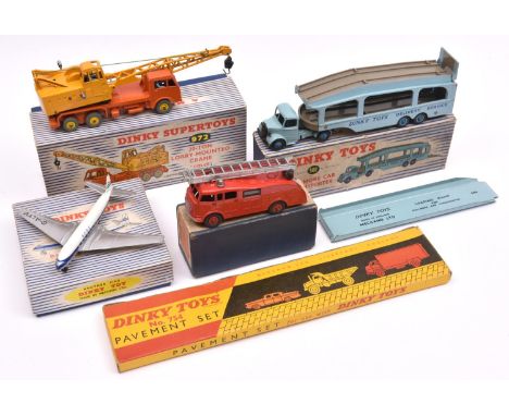 5 Dinky Toys. Commer Fire Engine (555). In red with red wheels and silver ladder. Pullmore Car Transporter (582), with Loadin