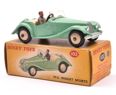 Dinky Toys M.G. Midget Sports (102). A scarce 'Touring'  example in light green with cream interior and cream wheels with bla