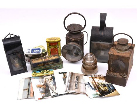 3x Railway lamps, 3x electricity insulators, vintage tins, etc. A small black painted BR(E) portable hanging lamp.  The remai