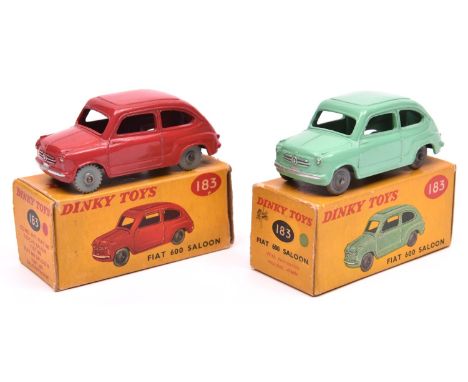 2 Dinky Toys Fiat 600 Saloon (183). An example in red and one in light green. Both with grey plastic wheels, one smooth and o