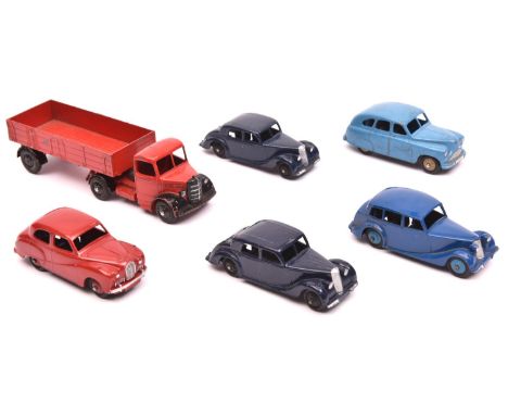 6 Dinky Toys. Triumph saloon, in blue with light blue wheels. Austin Somerset, in red with red wheels. 2x Riley saloon, in da